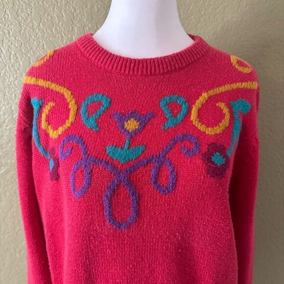 Vintage Size L Art Deco Pullover Sweater Floral Swirl Retro 90s Whimsical Granny - Picture 2 of 6
